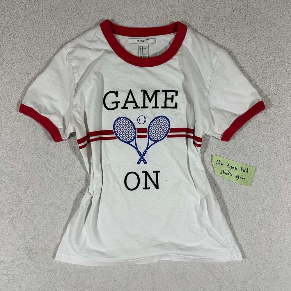 Forever 21 Game On Tennis Racket Graphic Ringer T-Shirt White Red Size S